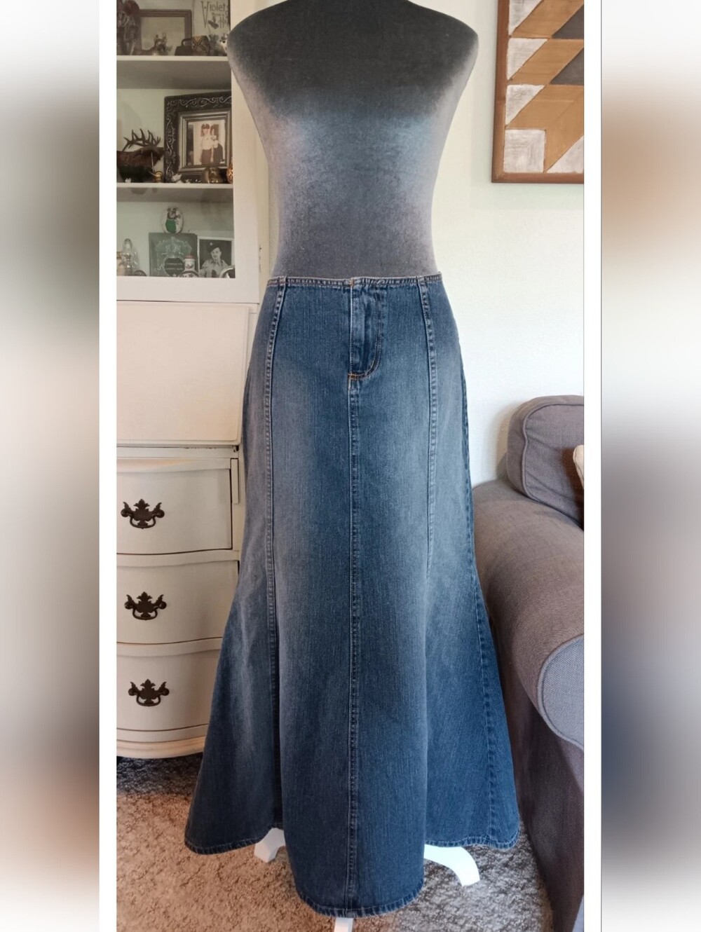 VTG 90s Bubblegum Denim Jean Panel Maxi Skirt Long Flare Trumpet 30" Waist